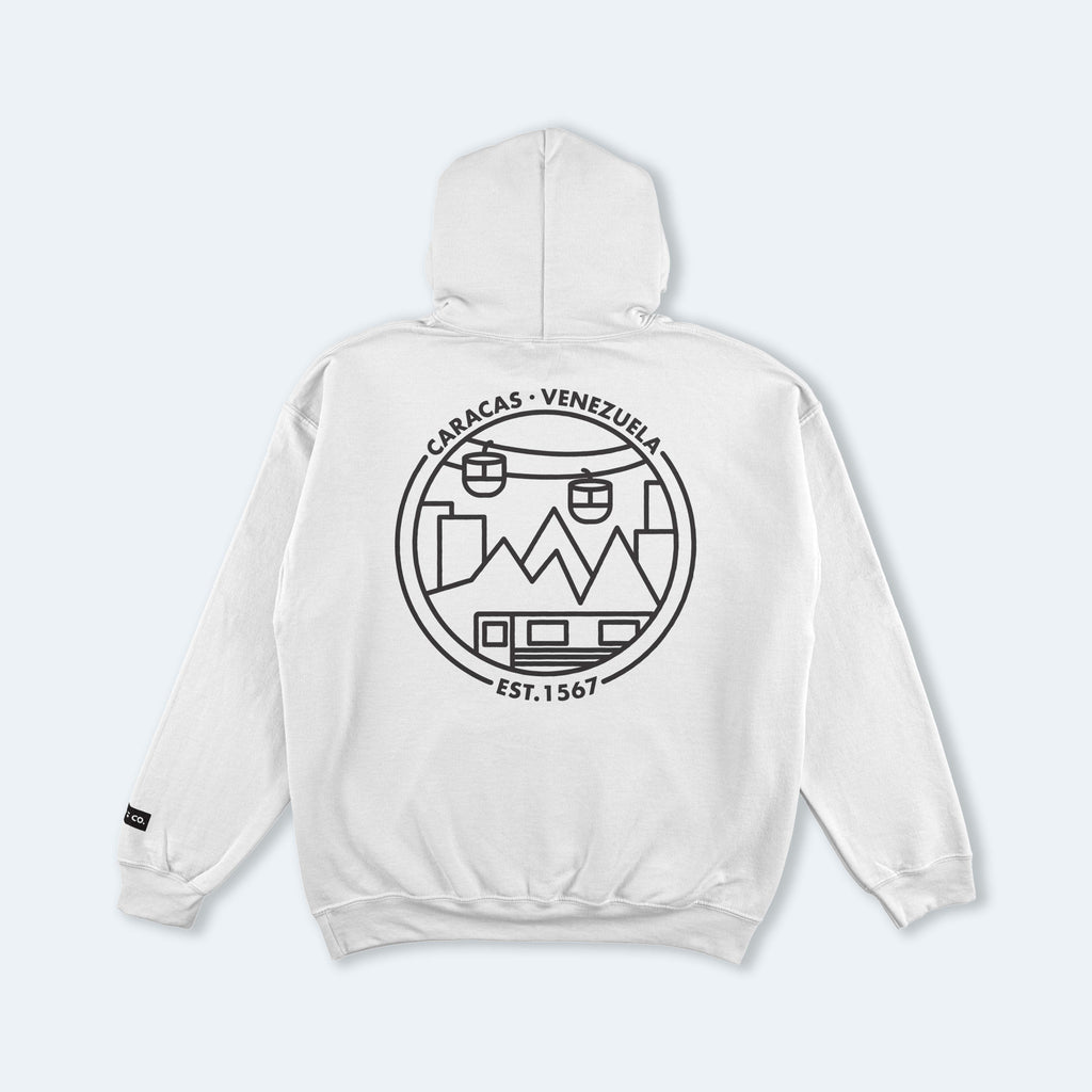 White hoodie with black graphic design on the back against a white background