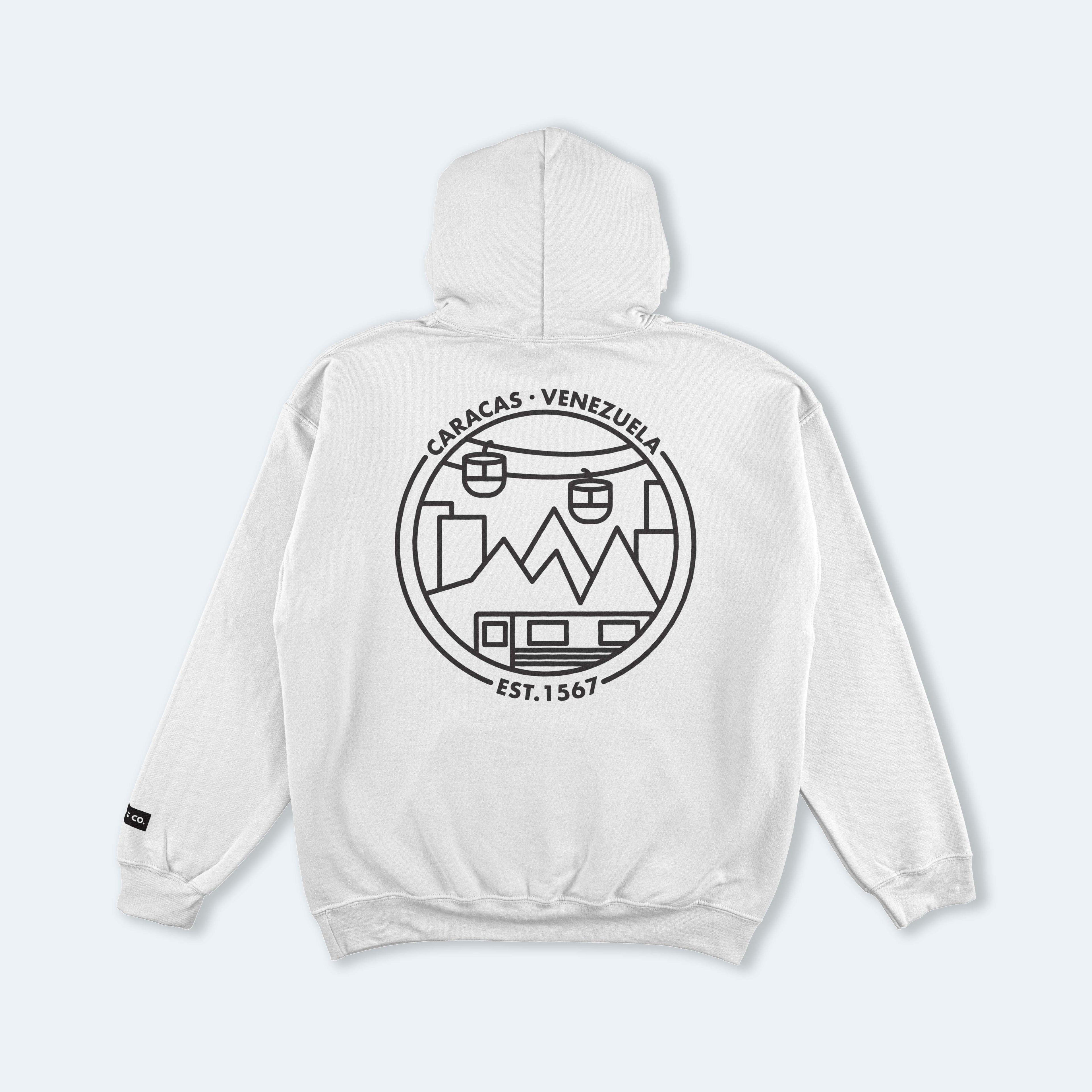 White hoodie with black graphic design on the back against a white background