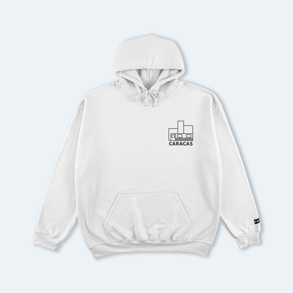 White hoodie with a logo and text on a light gray background